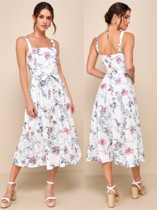 Nwt Lulu’s Sunny Posture Ivory Floral Sleeveless Midi Dress Extra Large Chic